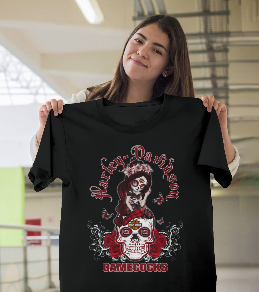 Harley Davidson Gamecocks Skull With Roses And Butterflies T-Shirt