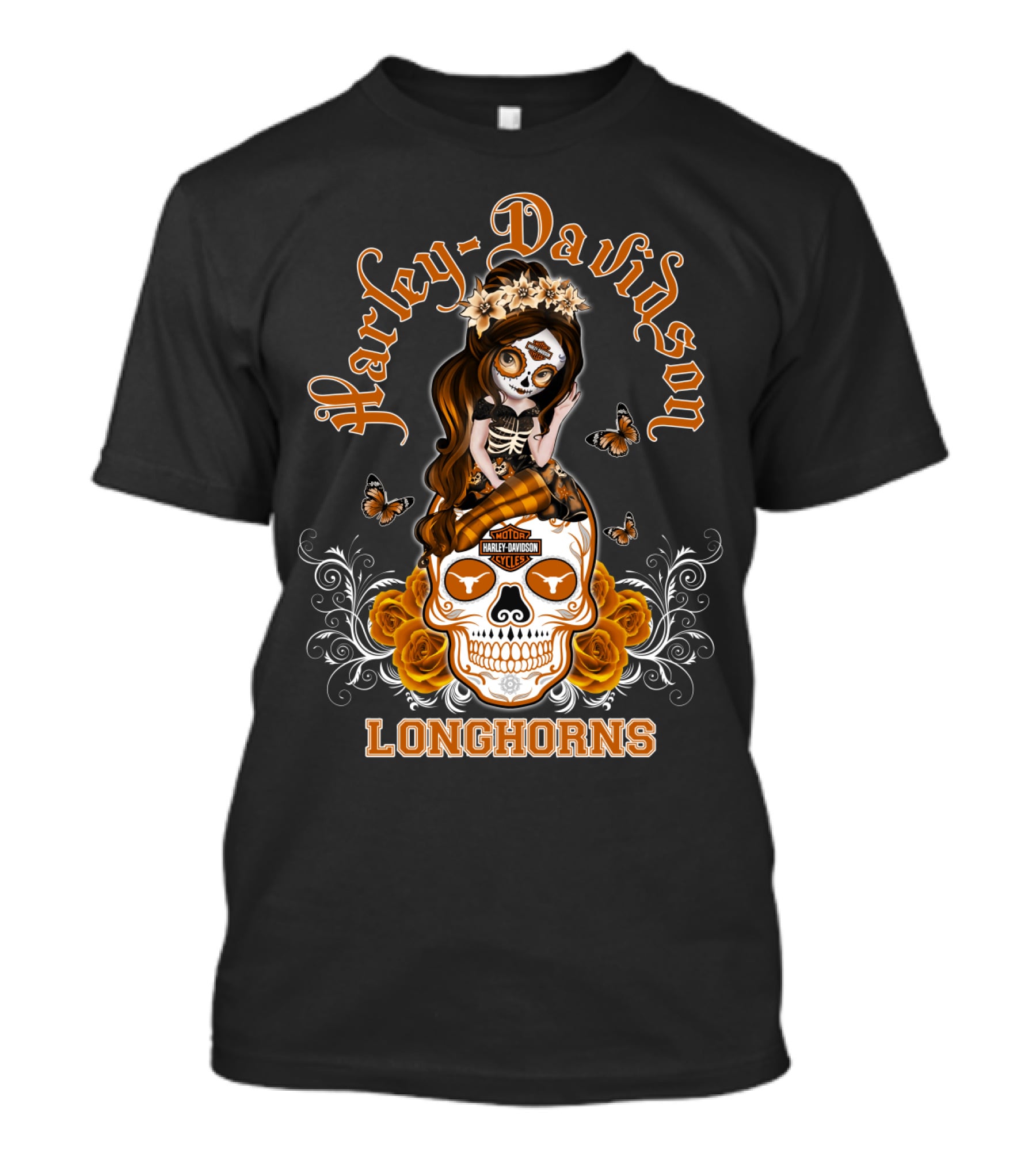 Harley Davidson Longhorns Texas Girl Skull Floral Motif T-Shirt