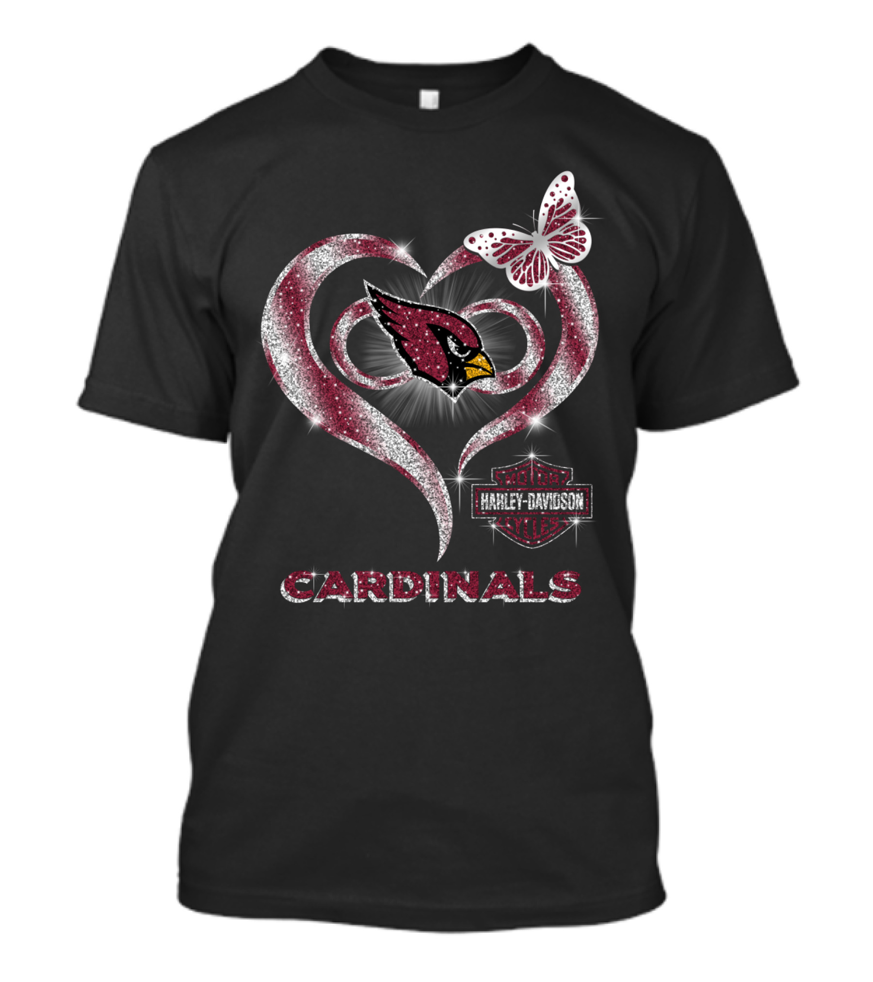 Arizona Cardinals Harley Davidson Logo Heart And Butterfly Sparkle T-Shirt