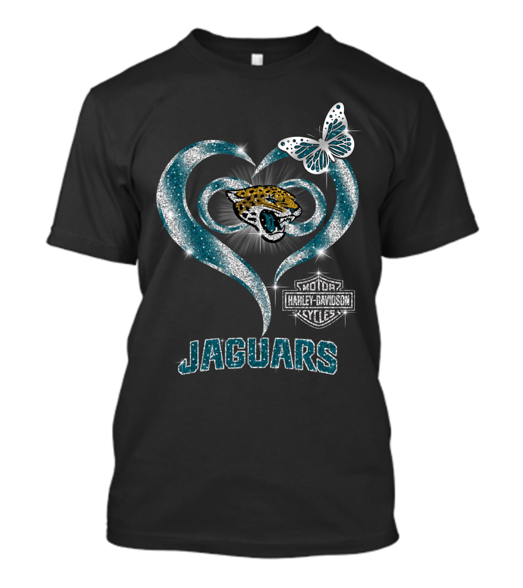 Jacksonville Jaguars Heart Harley Davidson Butterfly T-Shirt
