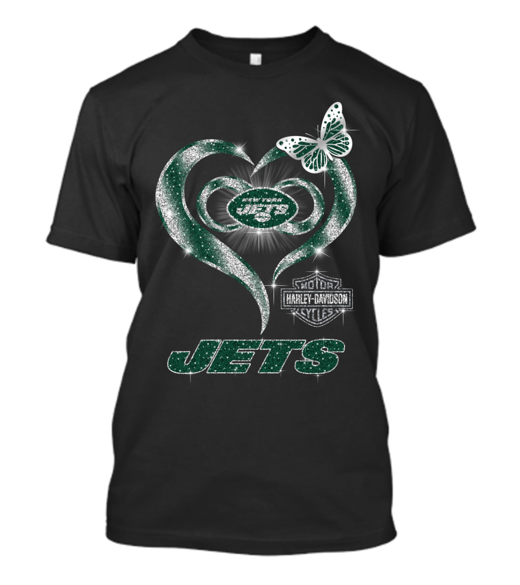 New York Jets Harley Davidson Heart And Butterfly Sparkle T-Shirt