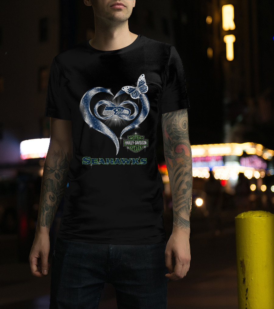 Seattle Seahawks Harley Davidson Heart Butterfly Sparkle T-Shirt