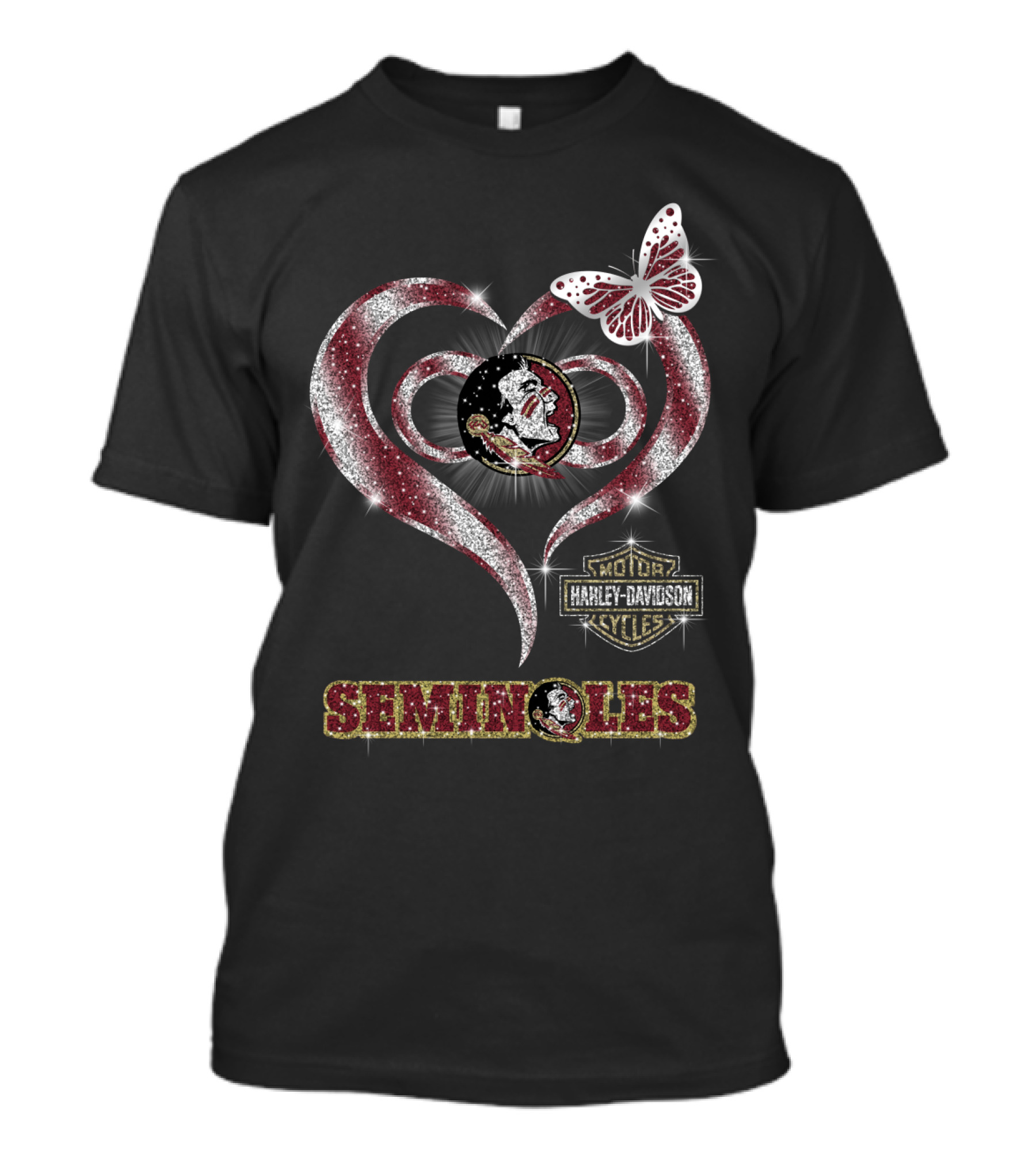 Seminoles Heart With Harley Davidson And Butterfly Motif T-Shirt