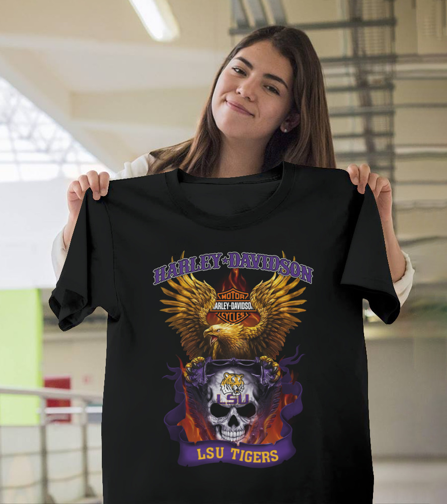 Harley Davidson Lsu Tigers Skull Eagle Motorcycles T-Shirt