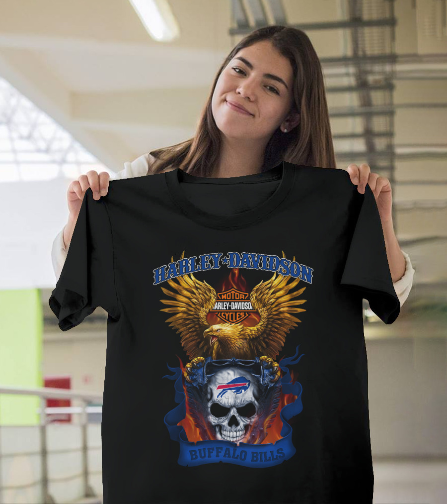 Harley Davidson Motorcycles Buffalo Bills Skull And Eagle T-Shirt