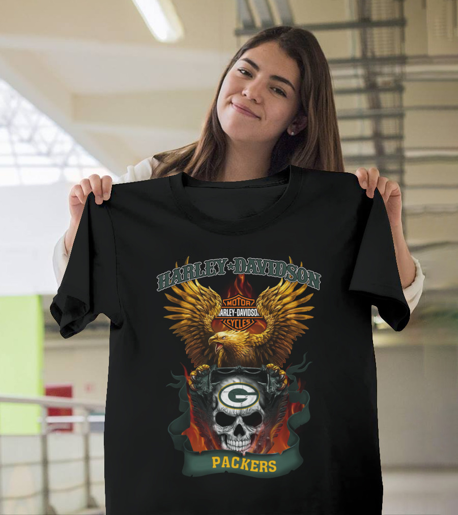 Harley Davidson Motorcycles Green Bay Packers Eagle Skull T-Shirt