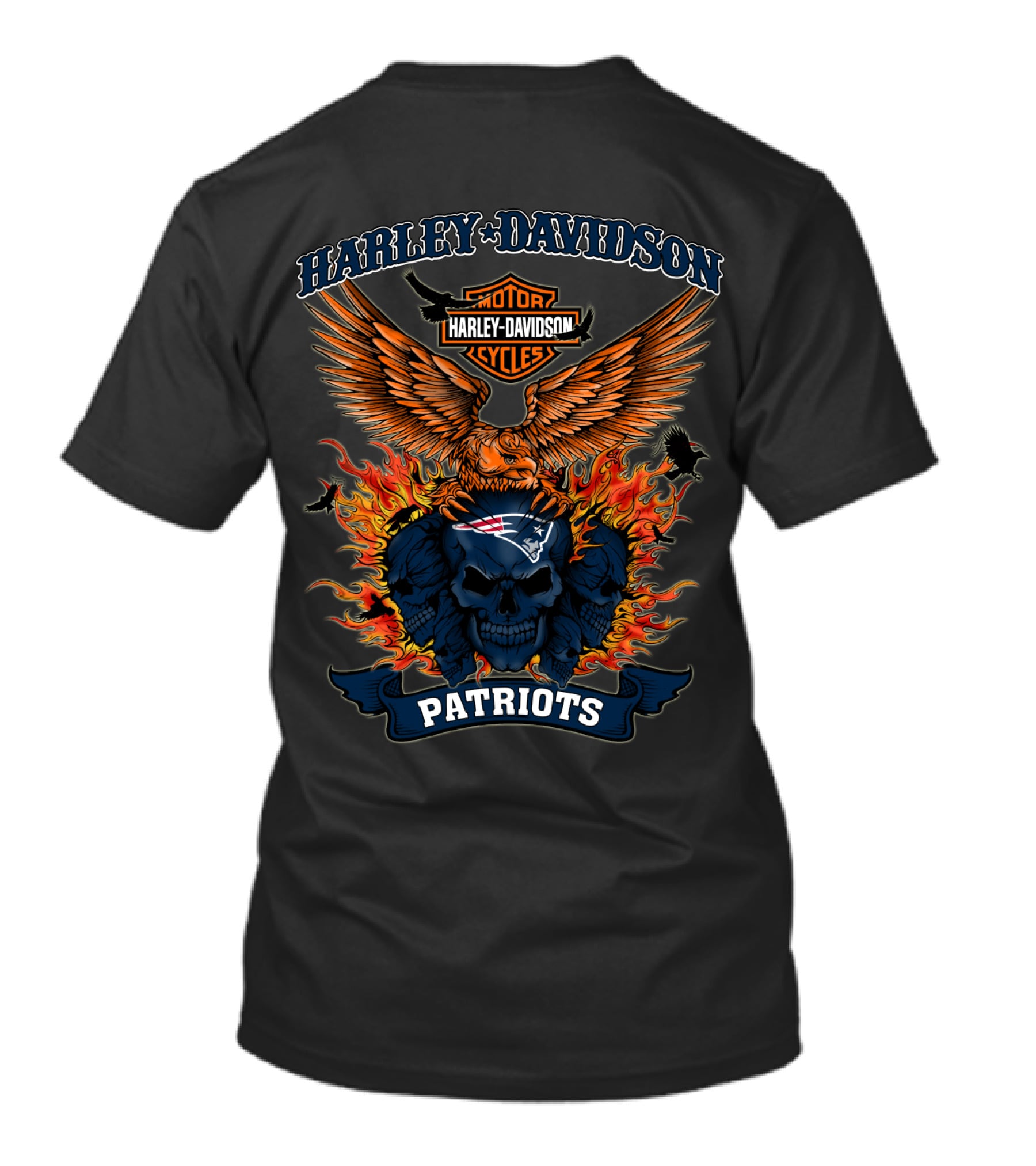 Harley Davidson Motor Cycles Patriots New England Nfl Skull Fire Wings T-Shirt