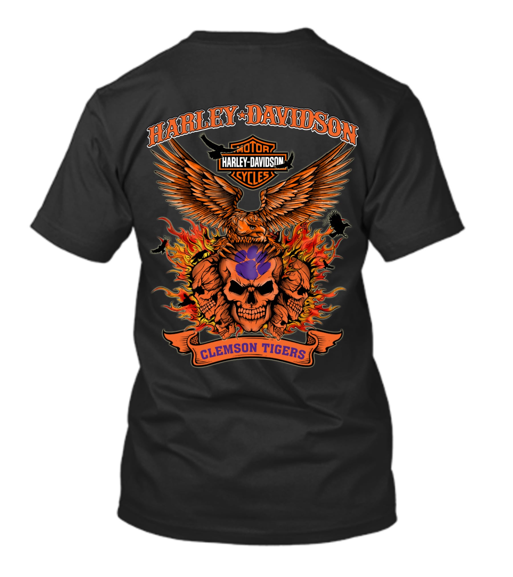 Harley Davidson Clemson Tigers Skull Flame Wings T-Shirt