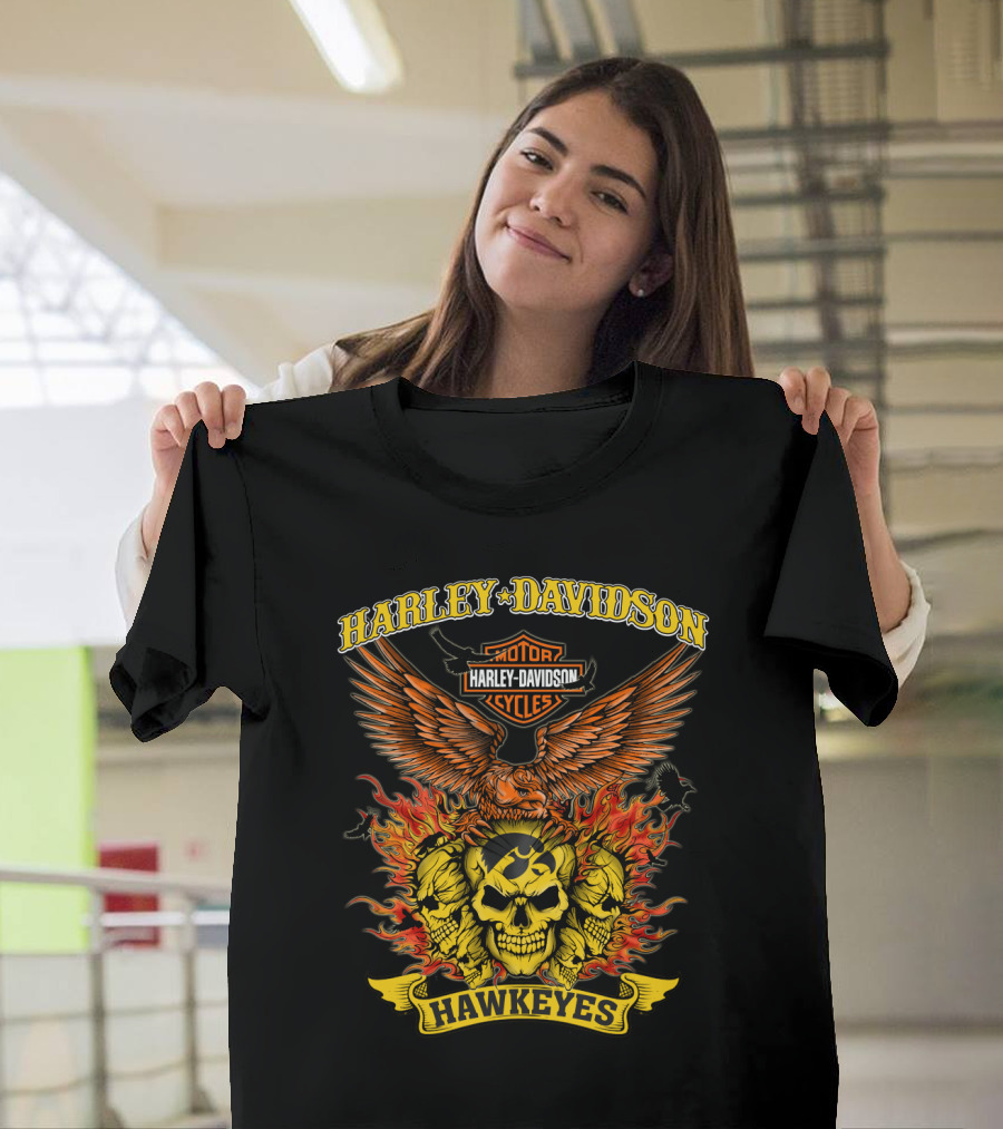 Harley Davidson Iowa Hawkeyes Flaming Skulls And Eagle T-Shirt