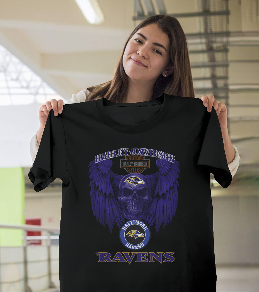 Harley Davidson Motor Cycles Baltimore Ravens Skull With Wings T-Shirt