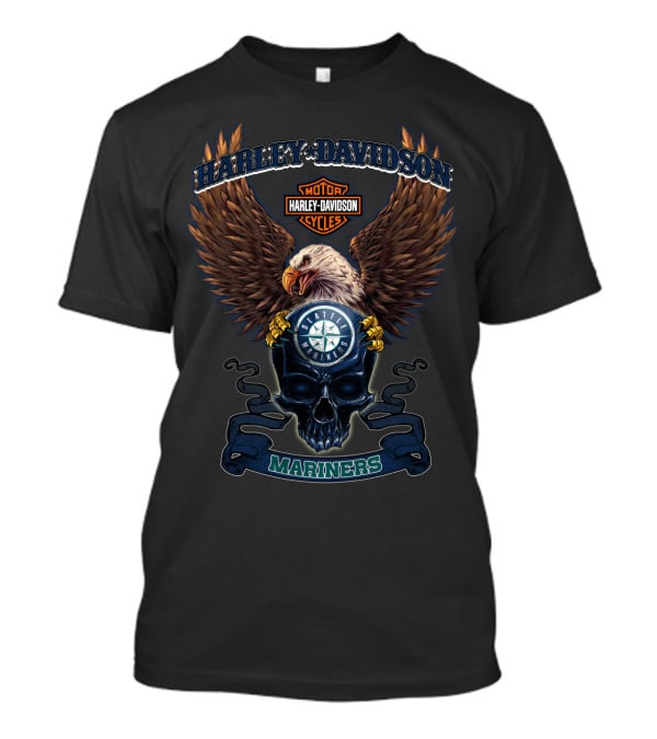 Harley Davidson Motor Cycles Seattle Mariners Eagle Skull T-Shirt