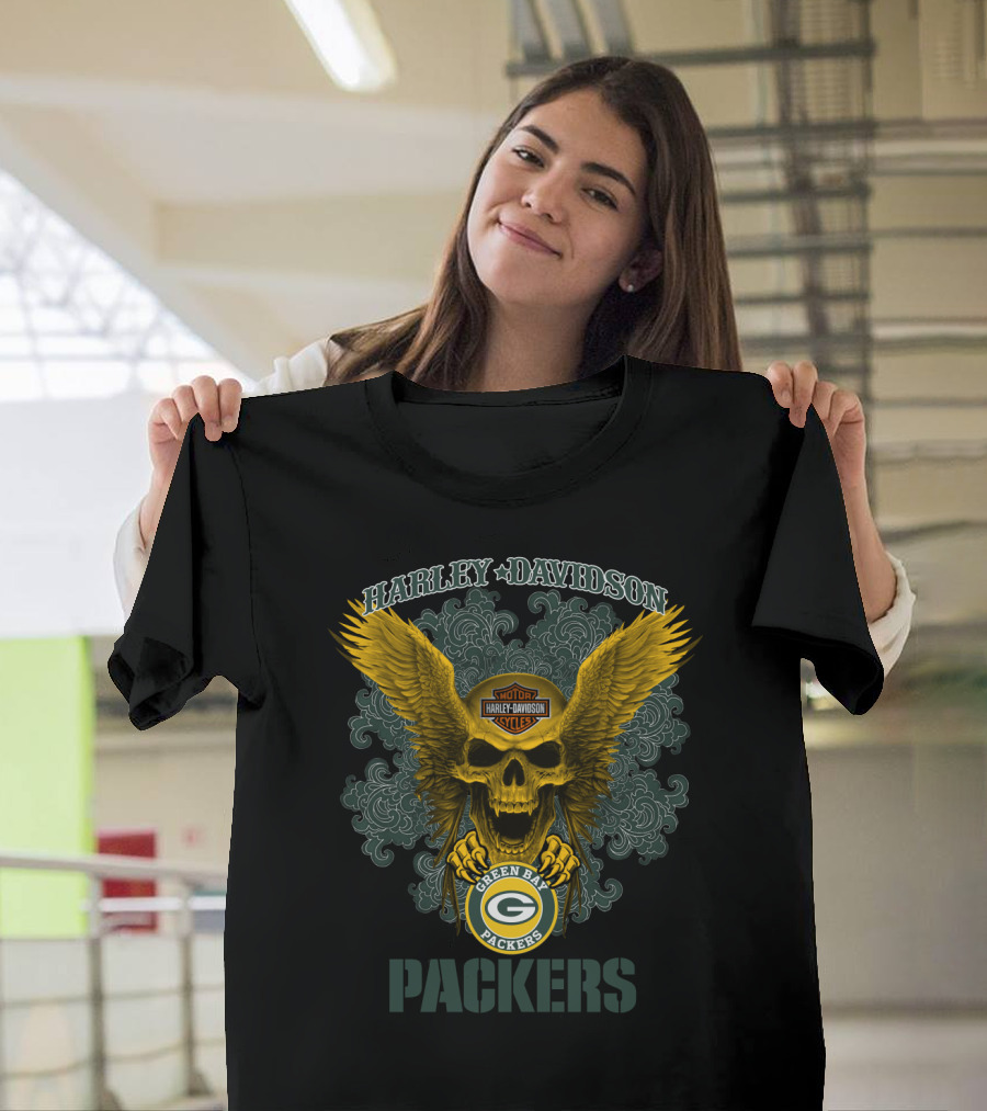 Harley Davidson Green Bay Packers Skull Wings T-Shirt