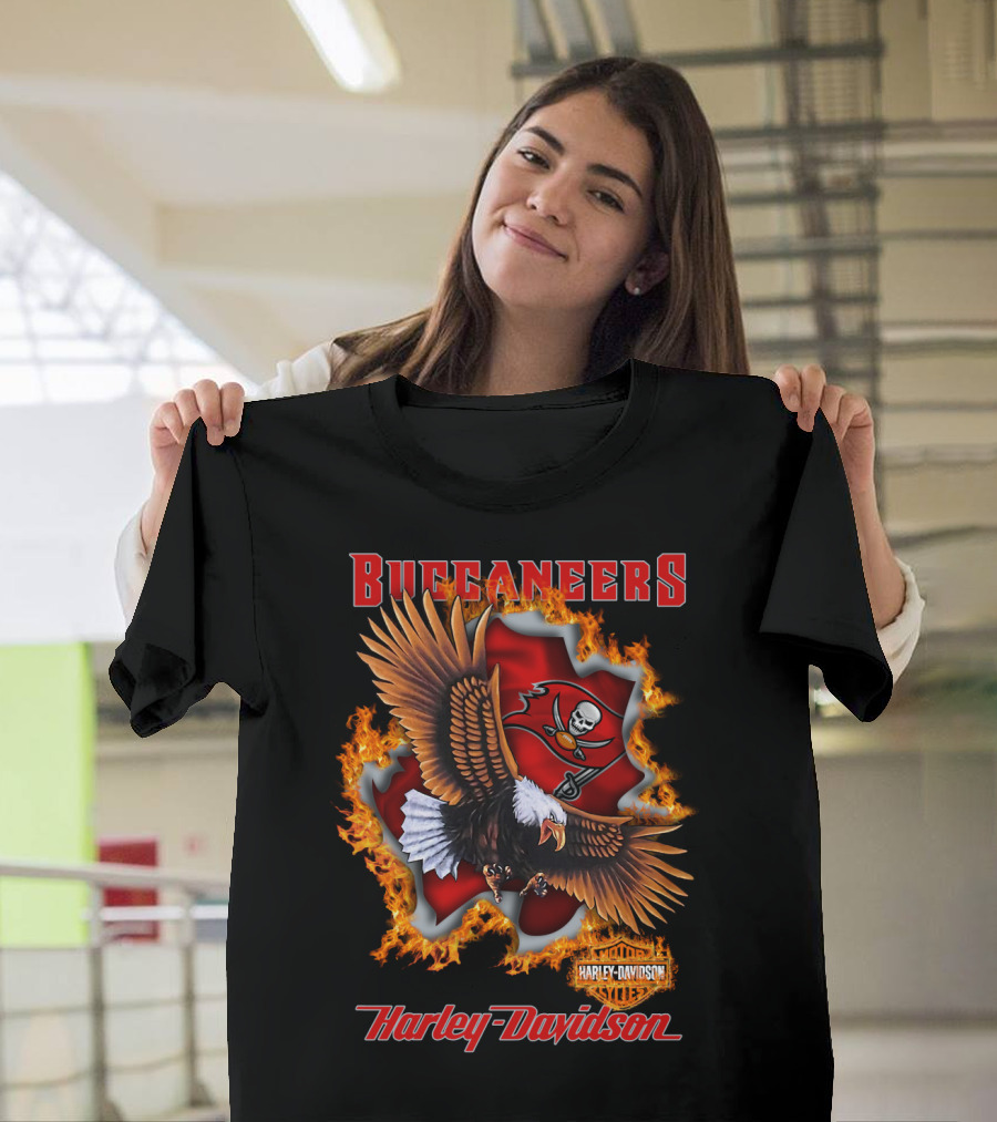 Harley Davidson Buccaneers Tampa Bay Nfl Eagle Logo Fire T-Shirt