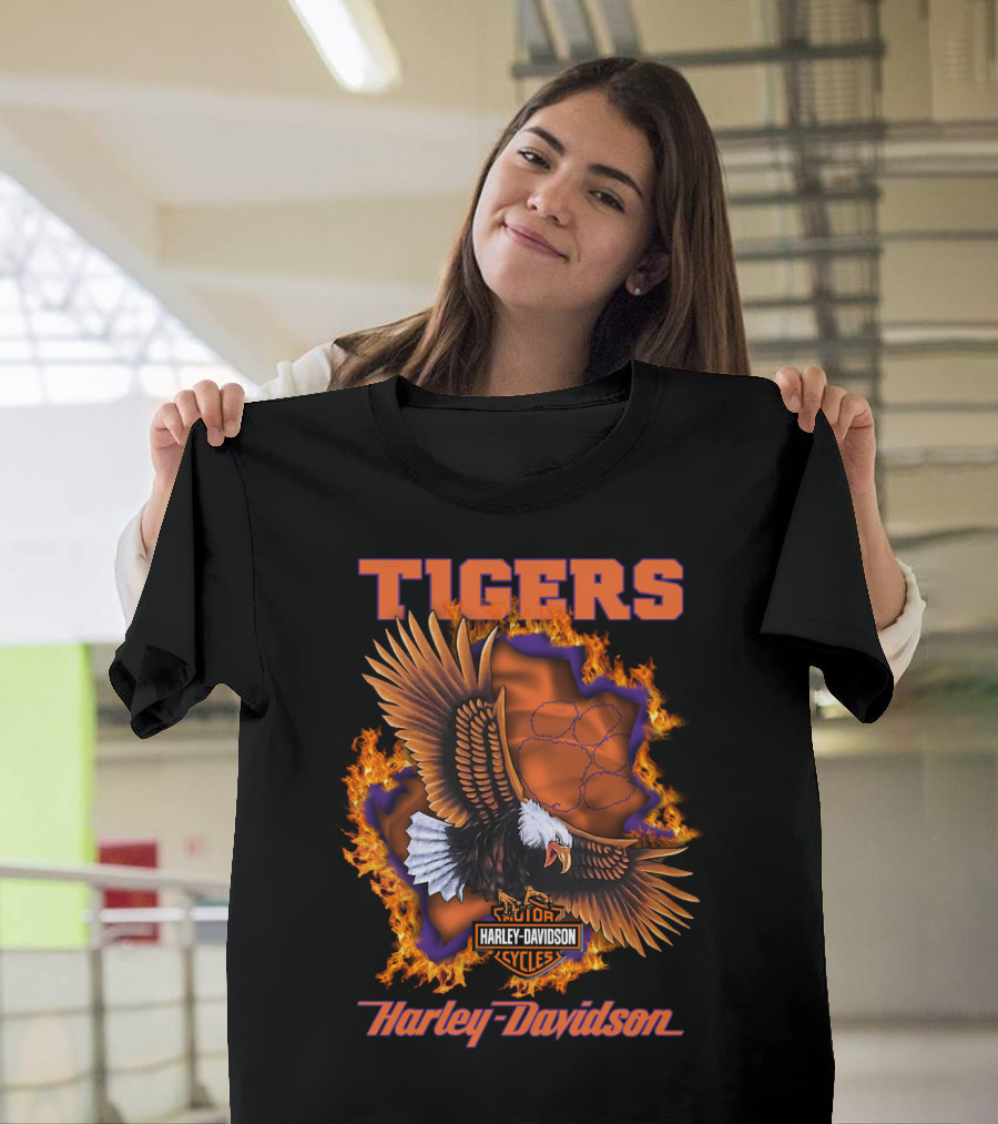 Tigers Harley Davidson Cycles Eagle Flames T-Shirt