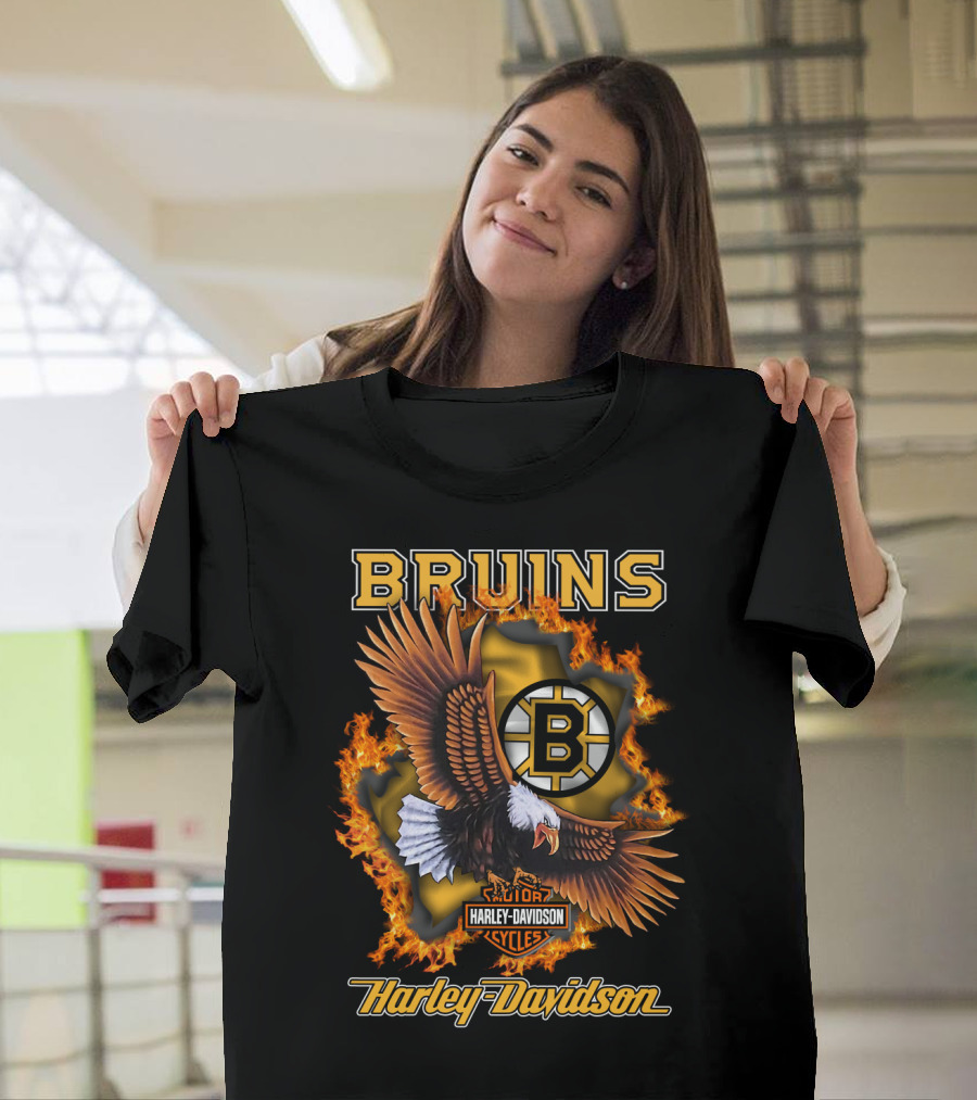 Boston Bruins Harley Davidson Cycles Eagle Flames T-Shirt