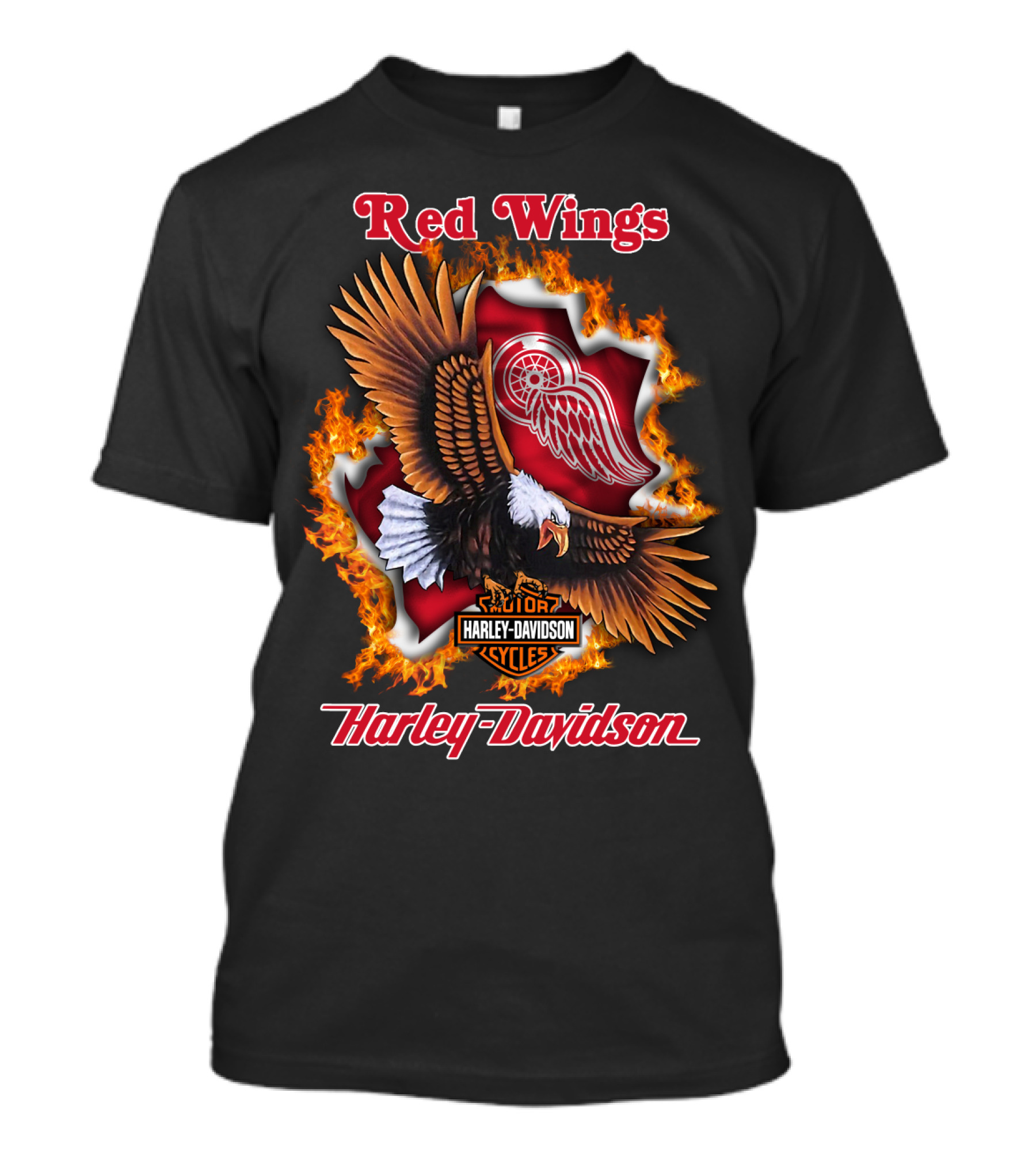 Red Wings Harley Davidson Detroit Nhl Eagle Logo Flames T-Shirt