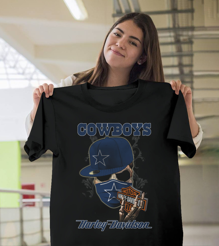 Cowboys Harley Davidson Skull With Cap And Mask Nfl Dallas 04.13 T-Shirt
