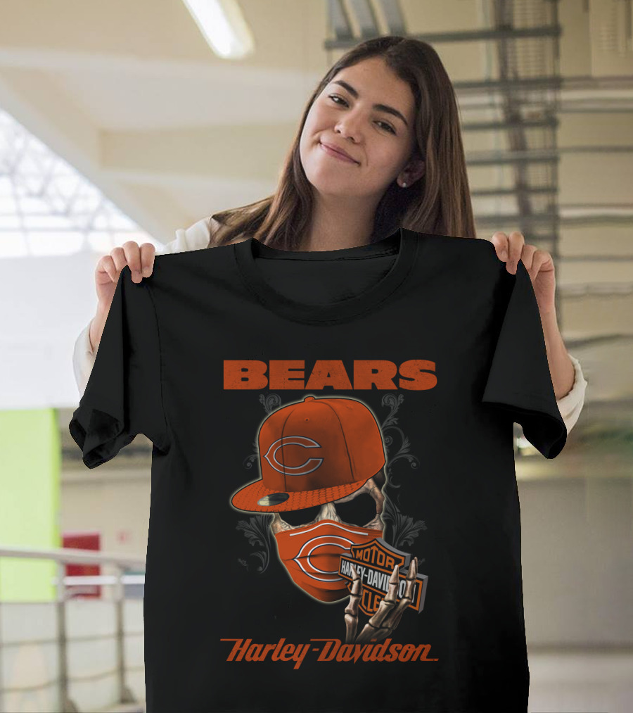 Bears Harley Davidson Skull Motif With Chicago Cap T-Shirt