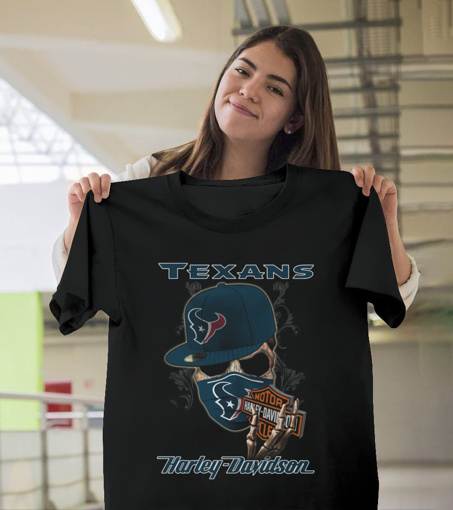 Texans Harley Davidson Skull With Cap And Bandana Nfl Houston Texans T-Shirt