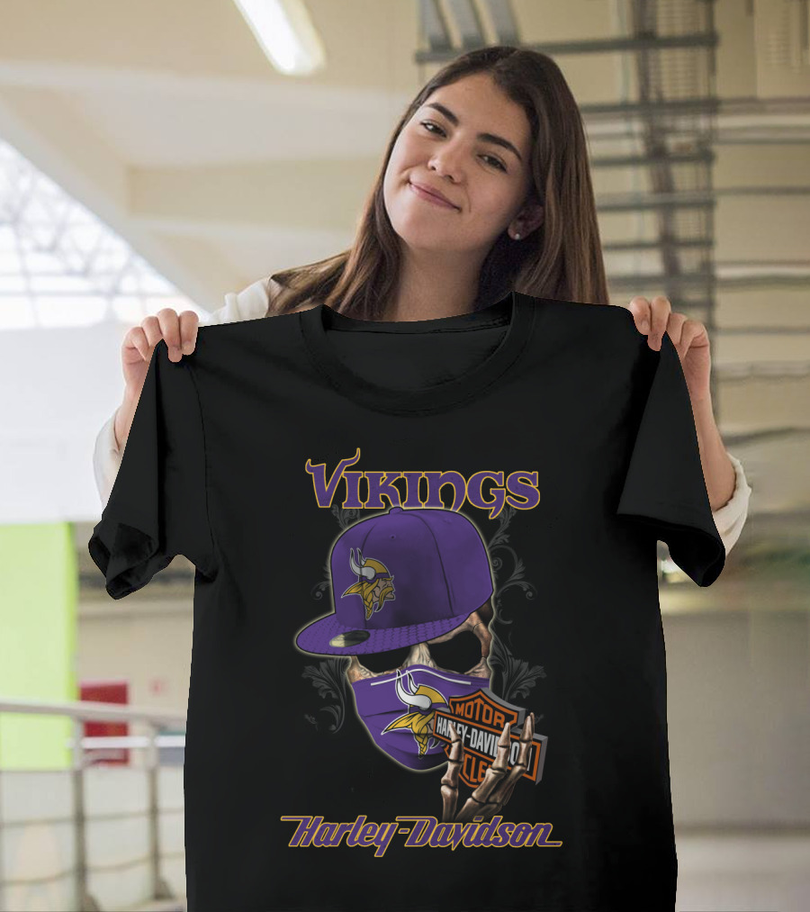 Vikings Harley Davidson Skeleton Wearing Nfl Minnesota Vikings Hat And Mask T-Shirt