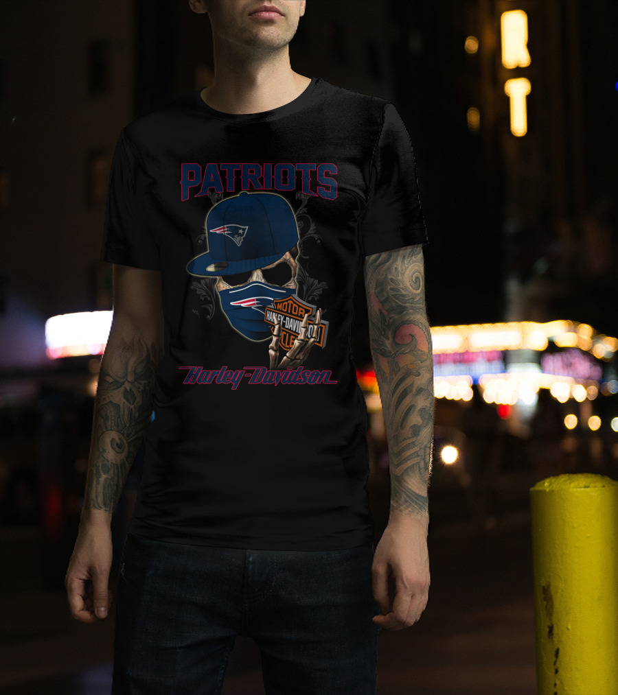 Harley Davidson New England Patriots Skull With Cap And Mask T-Shirt