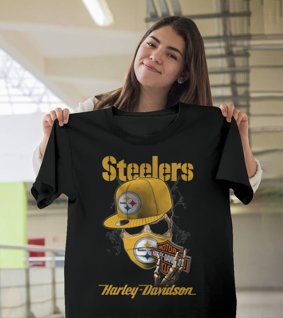 Steelers Harley Davidson Skull With Cap And Motorcycle T-Shirt
