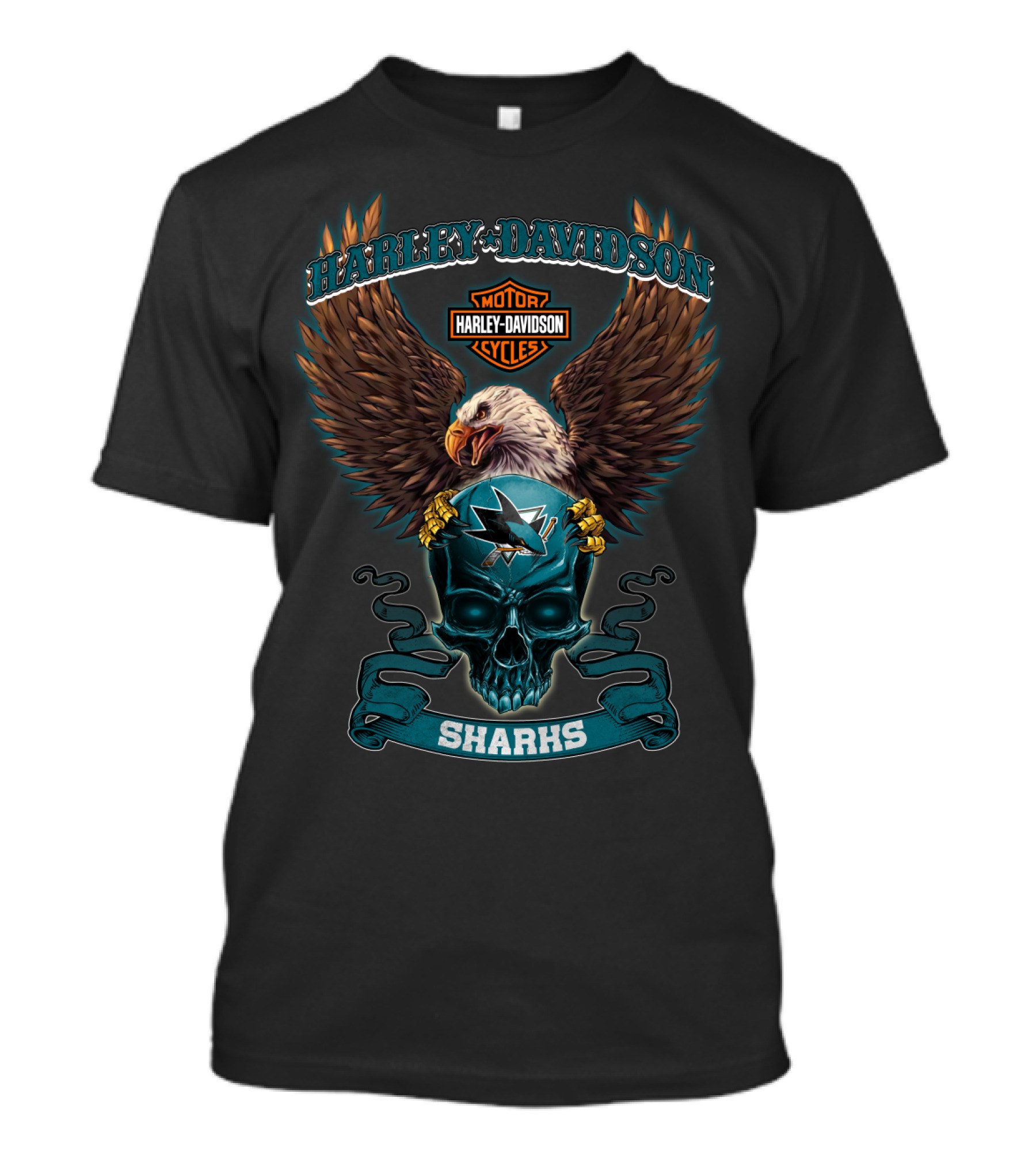 Harley Davidson Sharks Motor Cycles Eagle Skull T-Shirt