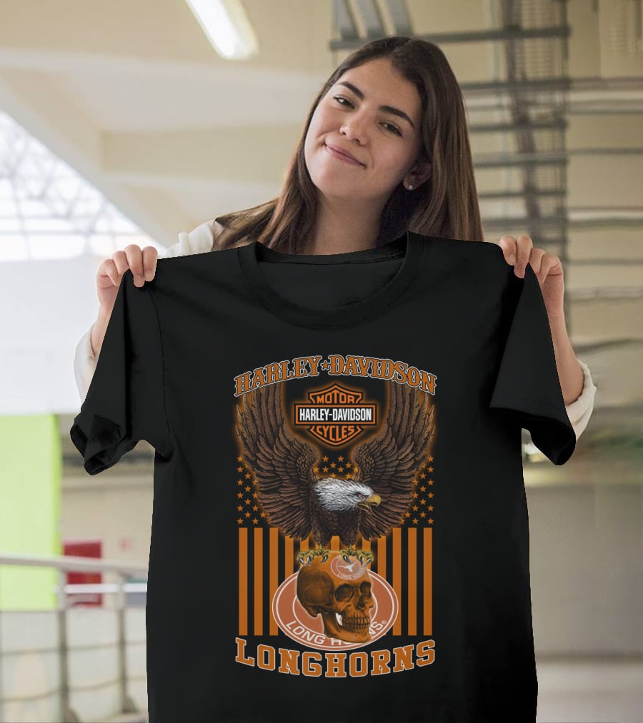 Harley Davidson Motorcycles Texas Longhorns Eagle And Skull T-Shirt