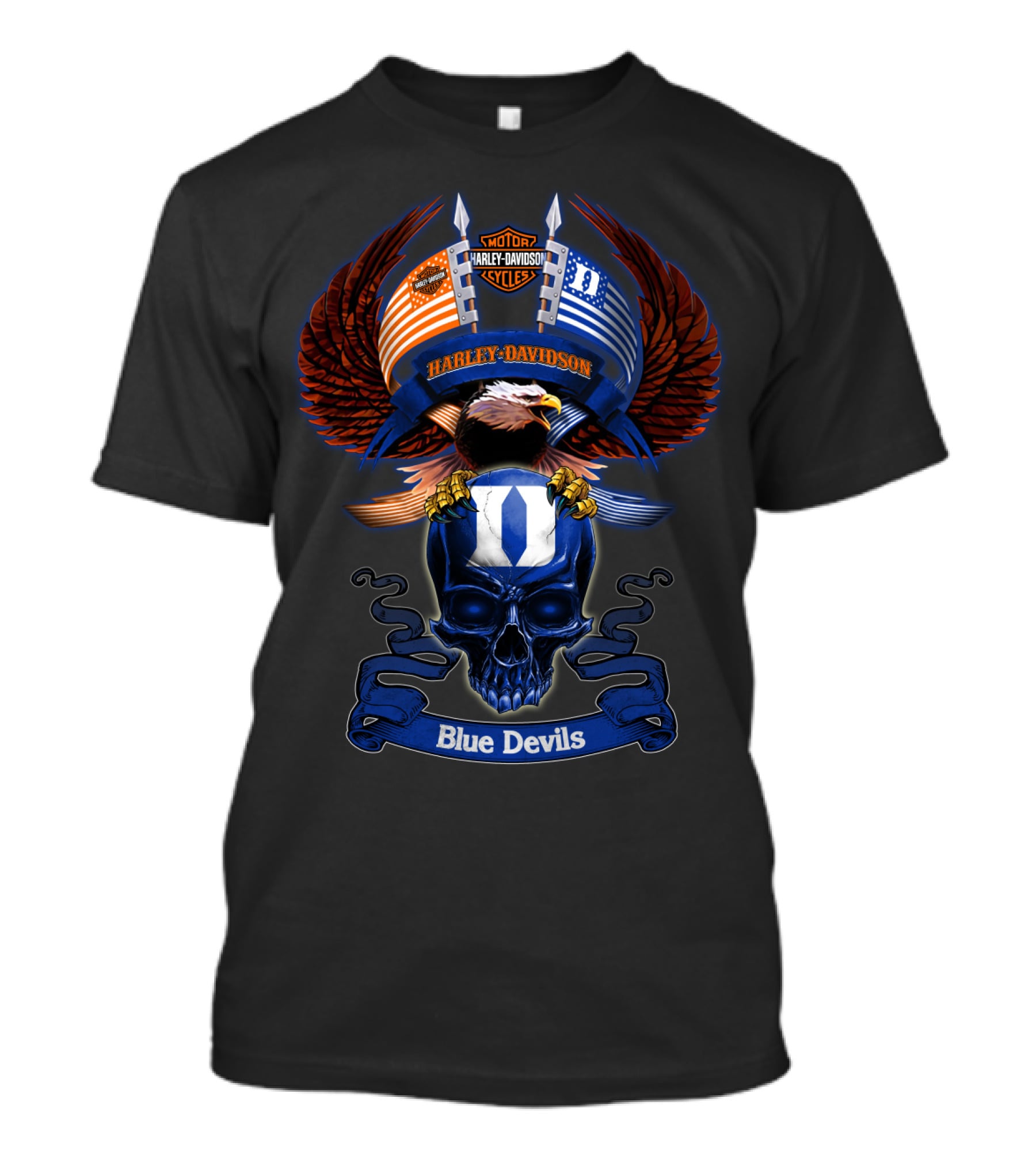 Harley Davidson Motor Cycles Eagle Skull Blue Devils T-Shirt