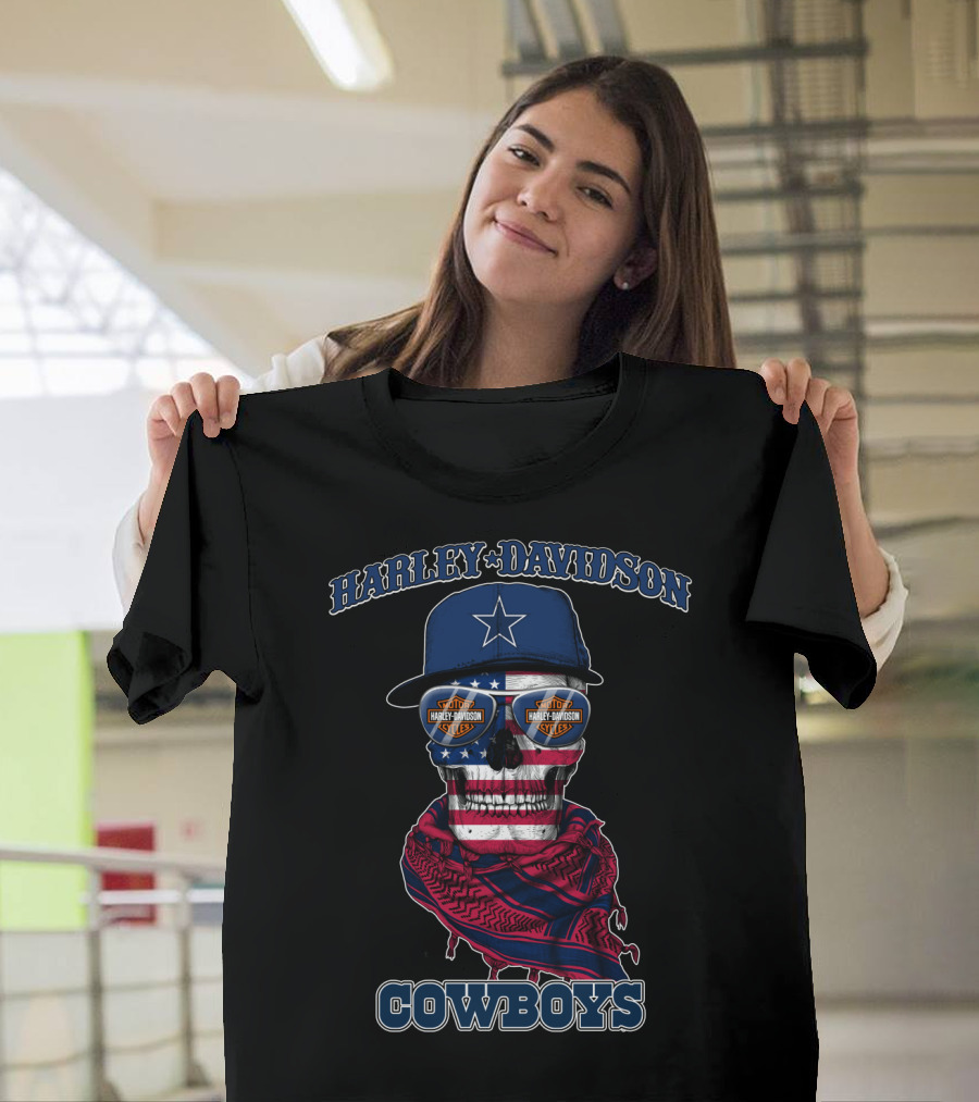 Harley Davidson Usa Cowboys Skull With Flag Bandana And Star Cap T-Shirt
