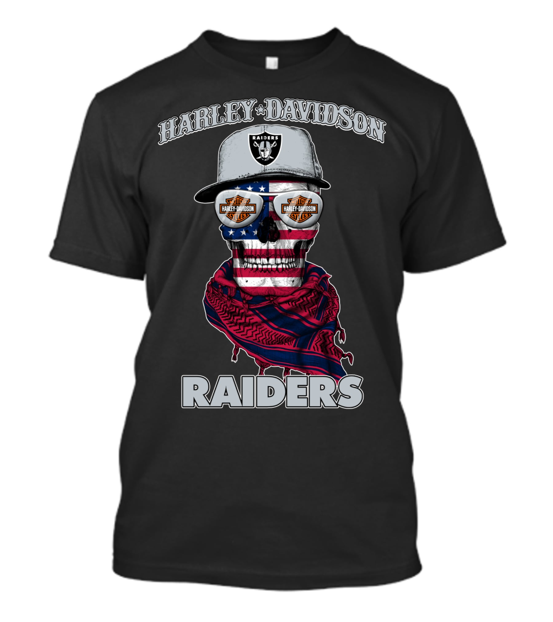 Harley Davidson Raiders Skull American Flag Bandana Nfl X Las Vegas Raiders T-Shirt