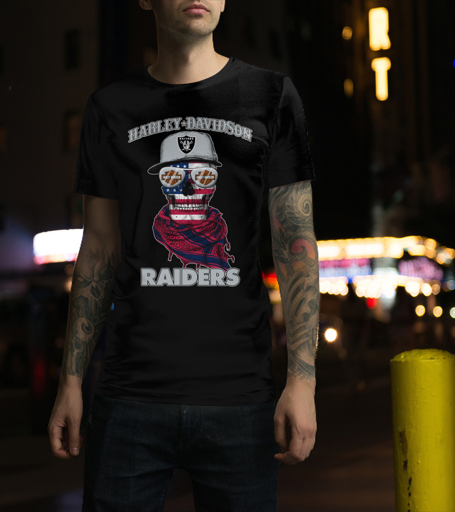 Harley Davidson Raiders Skull American Flag Bandana Nfl X Las Vegas Raiders T-Shirt