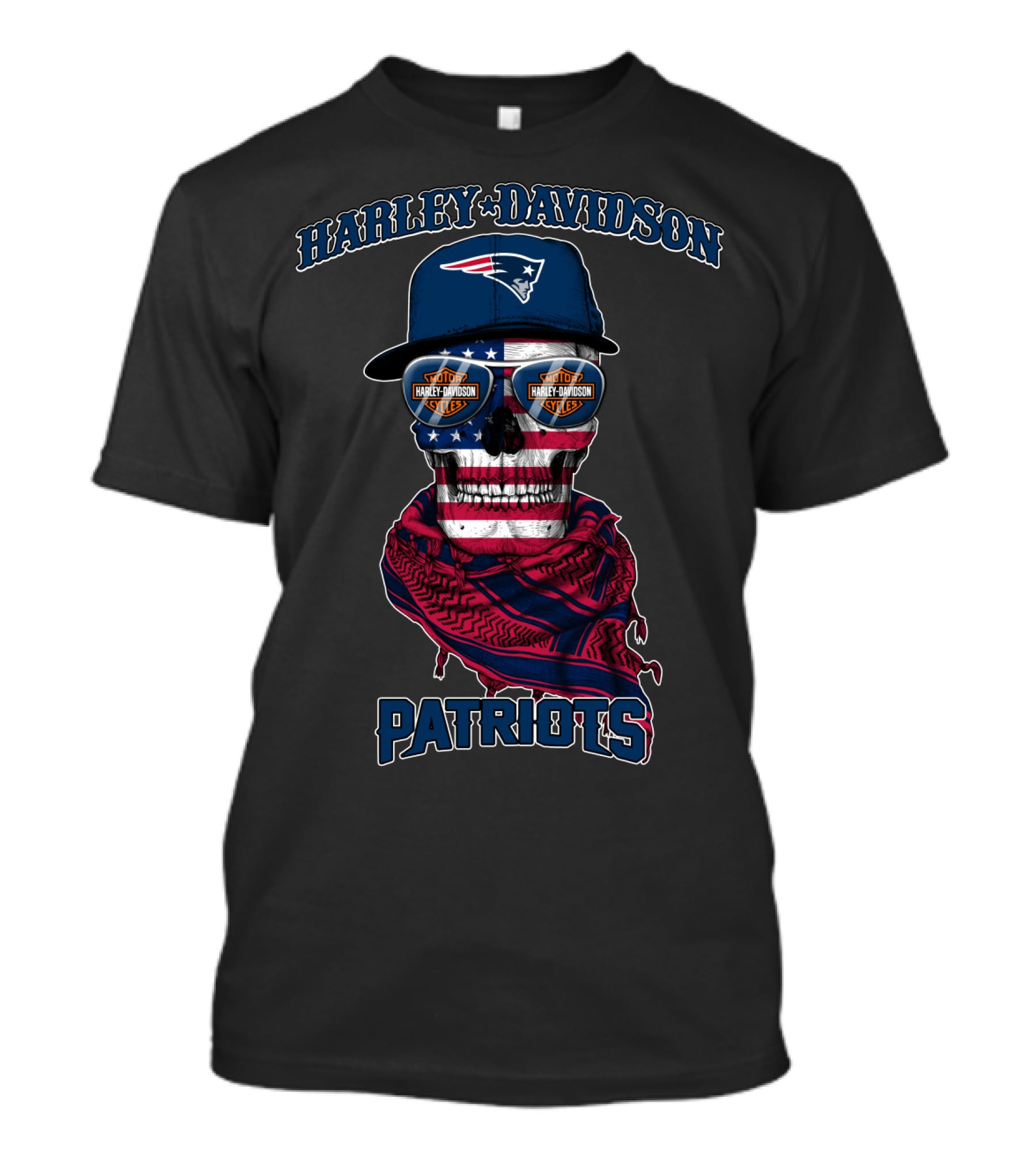Harley Davidson New England Patriots Usa Flag Skull With Sunglasses T-Shirt