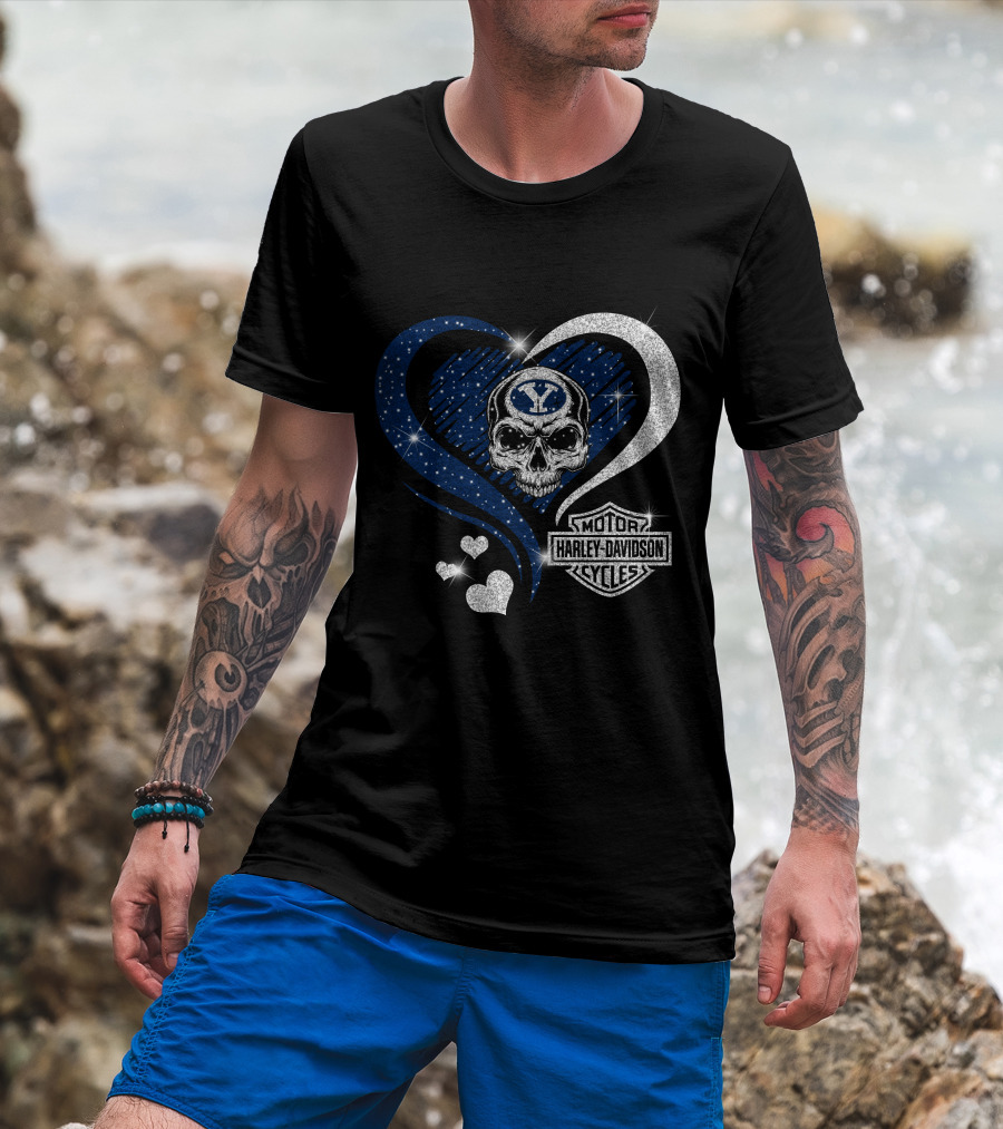 Ncaa Byu Cougars Skull Heart Harley Davidson Motor Cycles T-Shirt