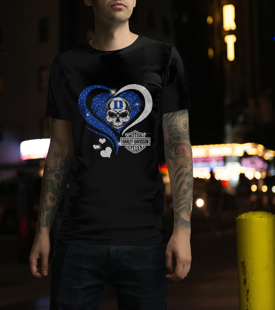 Duke Blue Devils Skull Heart Harley Davidson Motor Cycles Sparkle T-Shirt