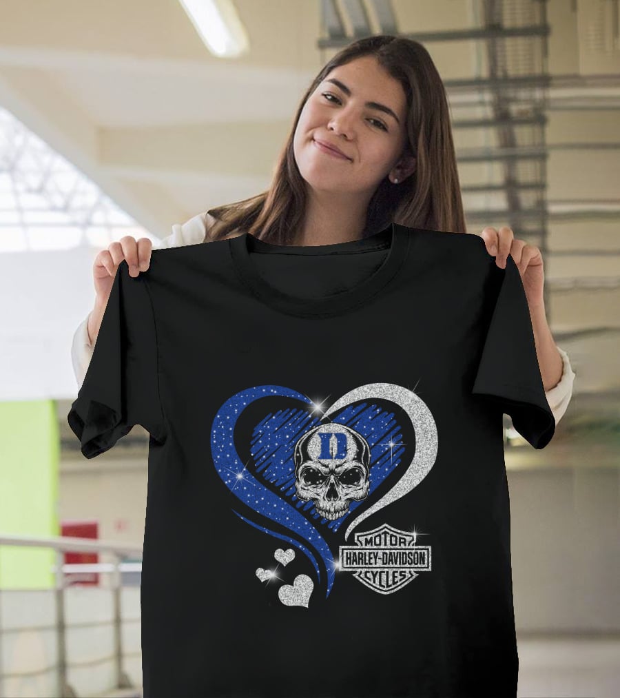 Duke Blue Devils Skull Heart Harley Davidson Motor Cycles Sparkle T-Shirt