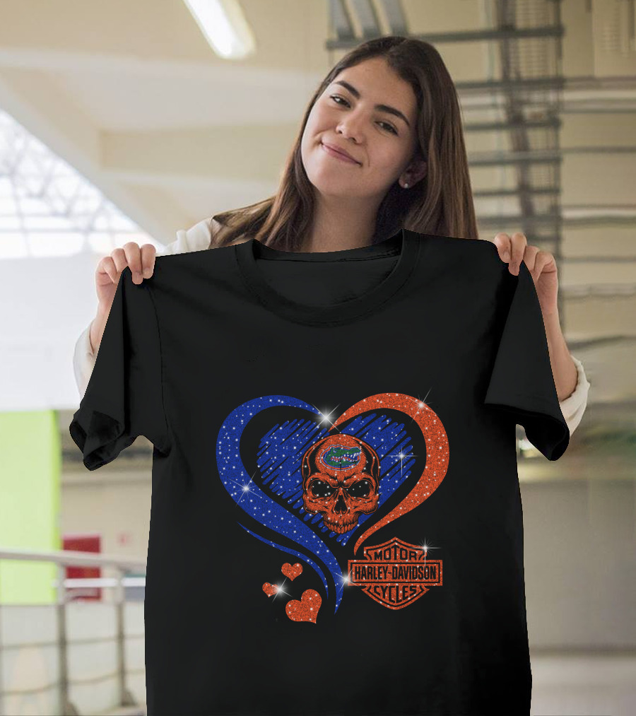 Ncaa Florida Gators Skull Heart Harley Davidson Motor Cycles T-Shirt