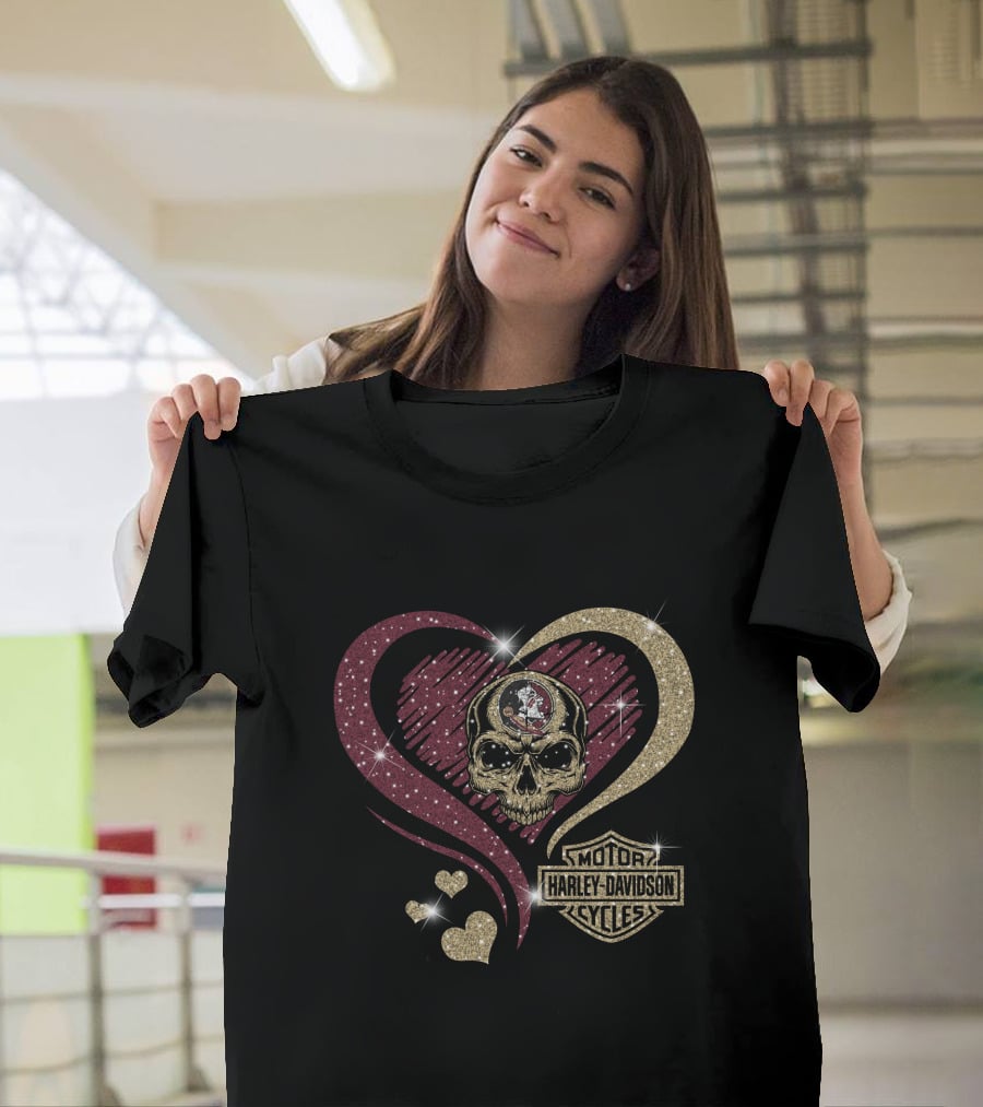 Florida State Seminoles Harley Davidson Heart Skull Motif T-Shirt