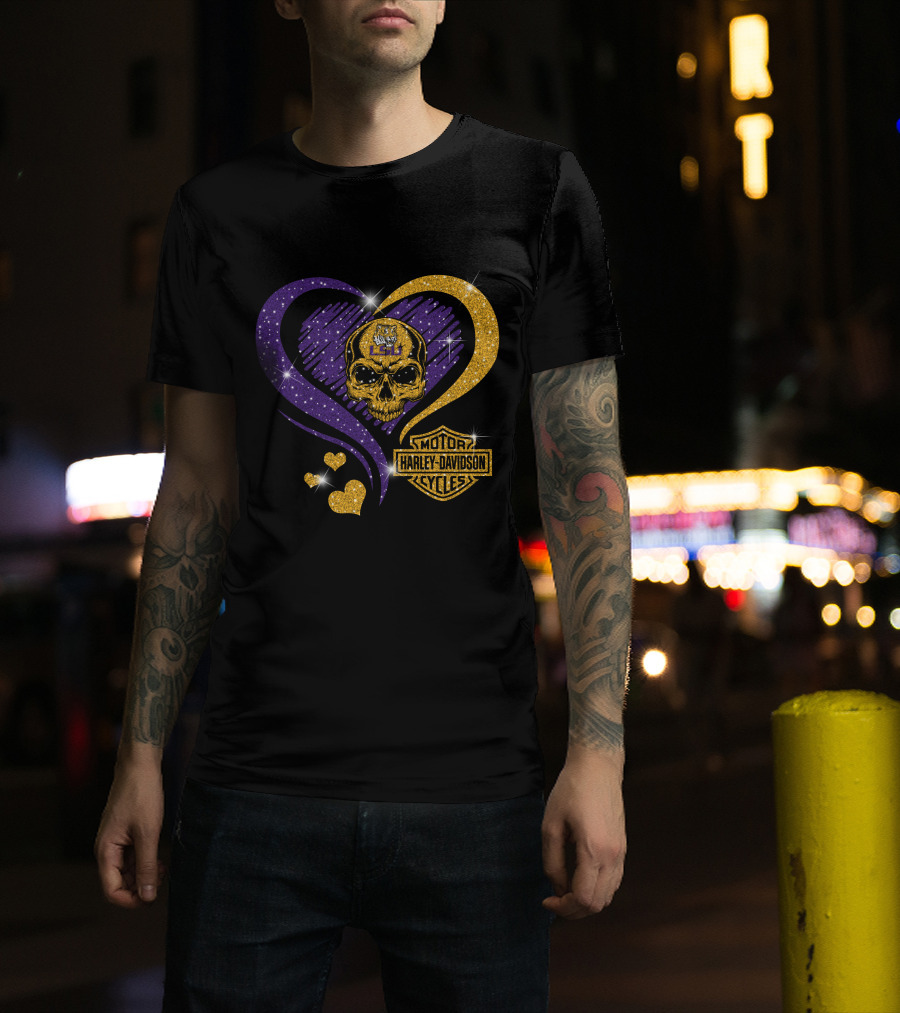 Ncaa Lsu Tigers Skull Heart Harley Davidson Motor Cycles T-Shirt