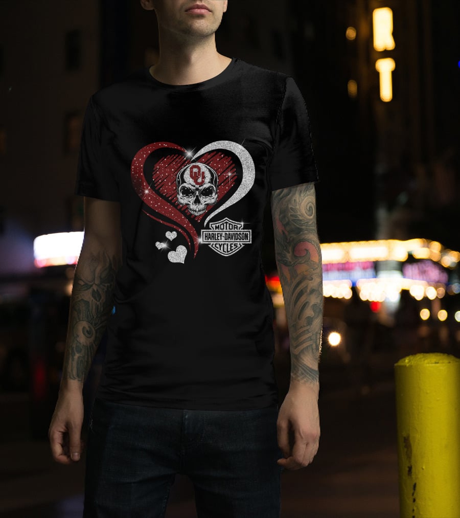 Skull Heart Oklahoma Sooners Harley Davidson Motorcycles T-Shirt