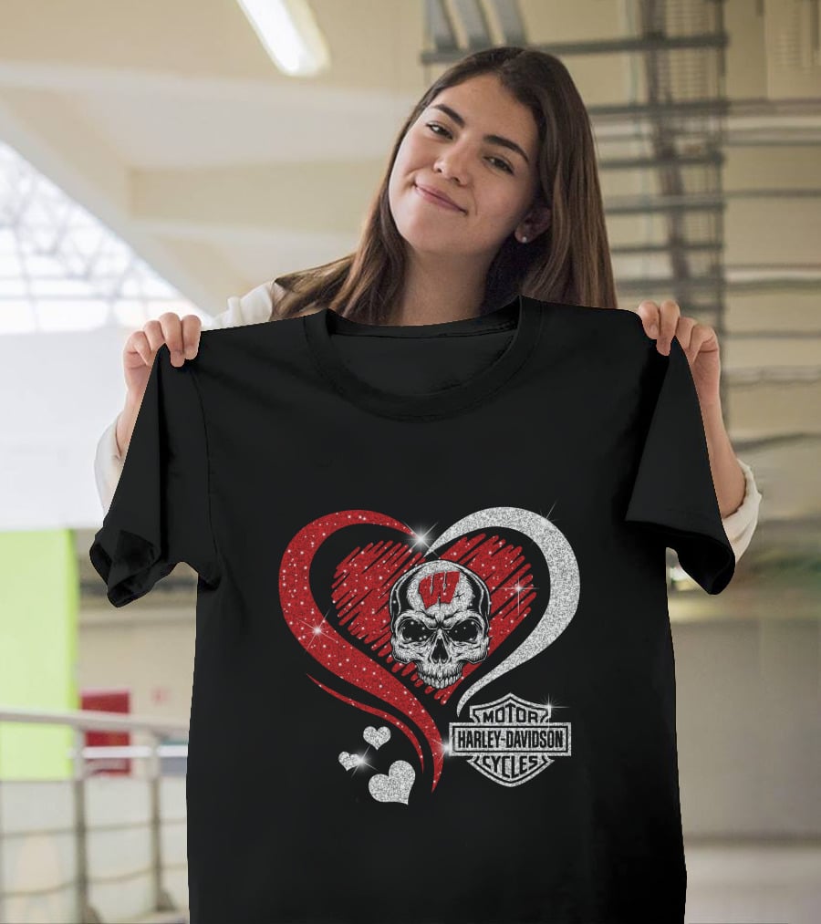 Ncaa Wisconsin Badgers Harley Davidson Skull Heart T-Shirt