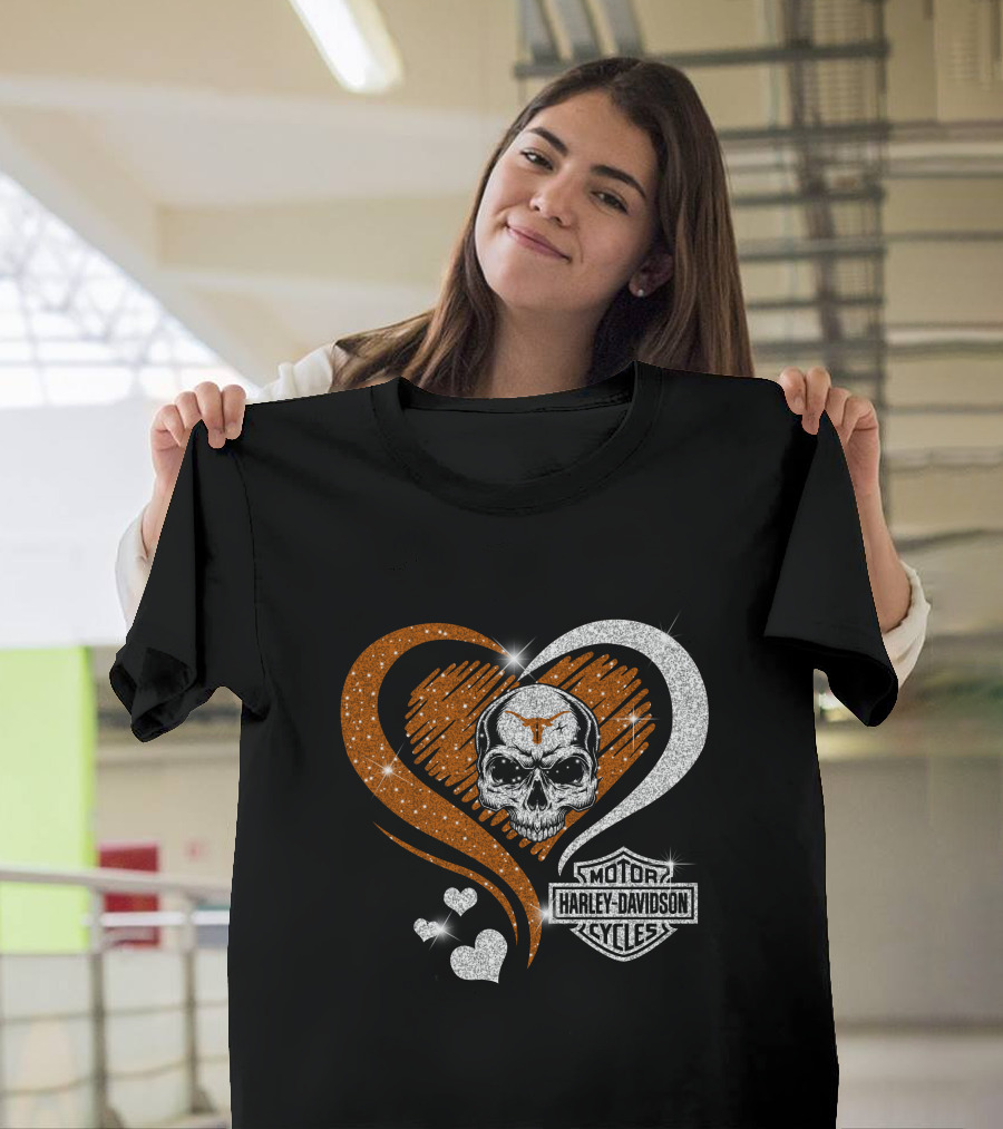 Ncaa Texas Longhorns Harley Davidson Skull Heart T-Shirt