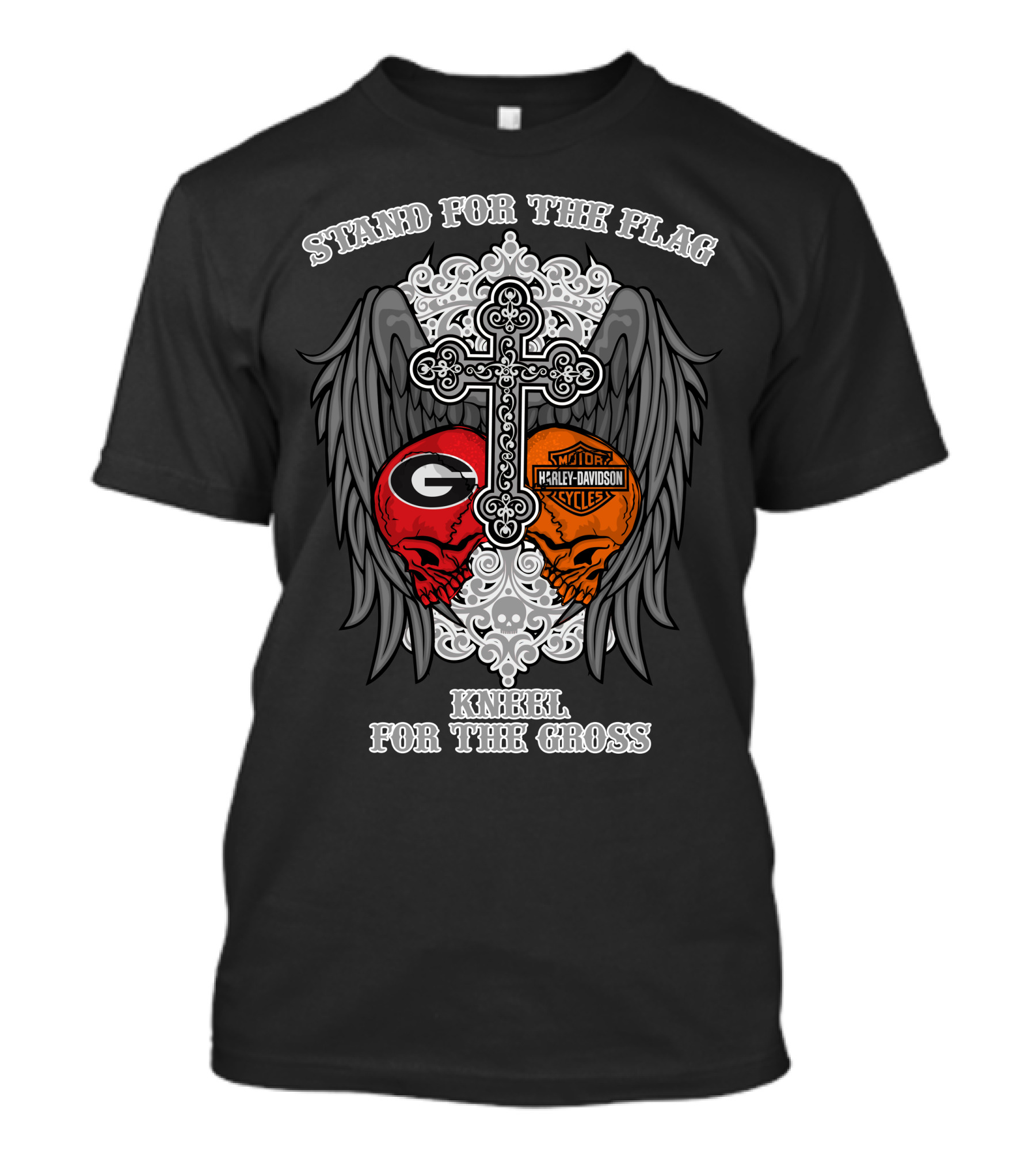 Stand For The Flag Kneel For The Cross Georgia Bulldogs Harley Davidson Skulls T-Shirt