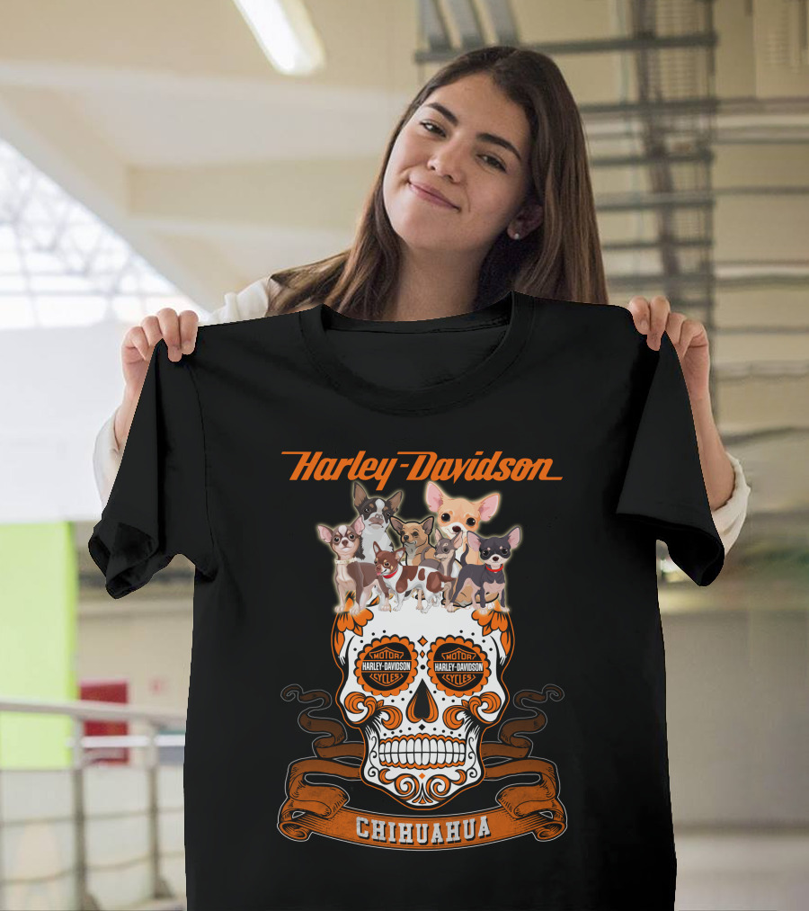 Harley Davidson Chihuahua Skull With Motorcycles And Cute Dogs T-Shirt