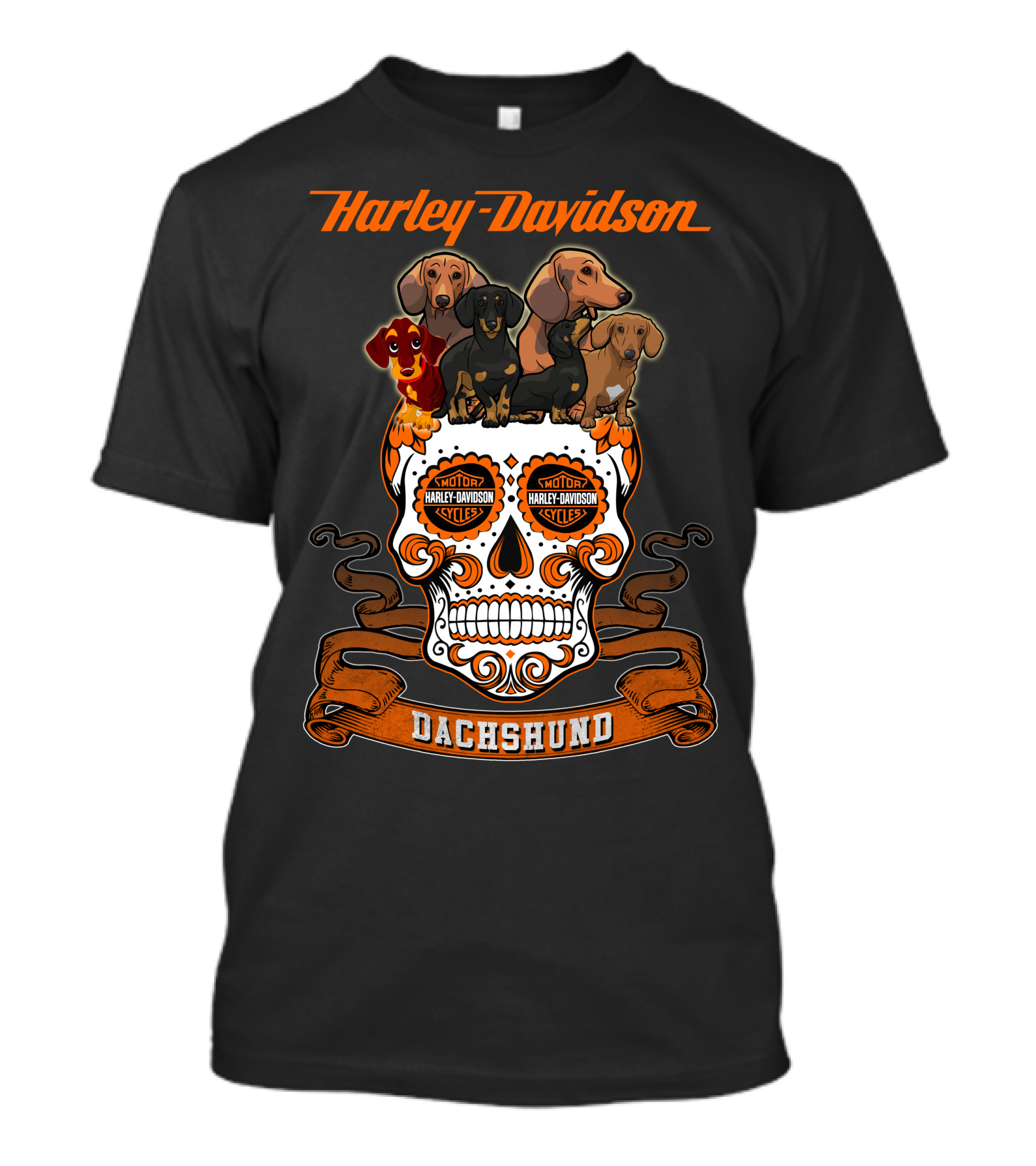 Harley Davidson Dachshund Skull With Motorcycles And Dachshunds T-Shirt