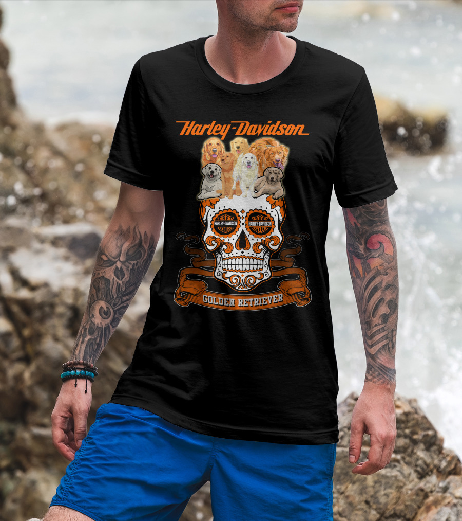 Harley Davidson Golden Retriever Skull Motif T-Shirt
