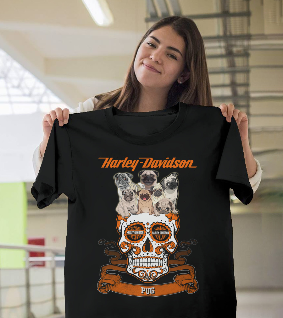 Harley Davidson Pug Skull Motif With Pugs T-Shirt