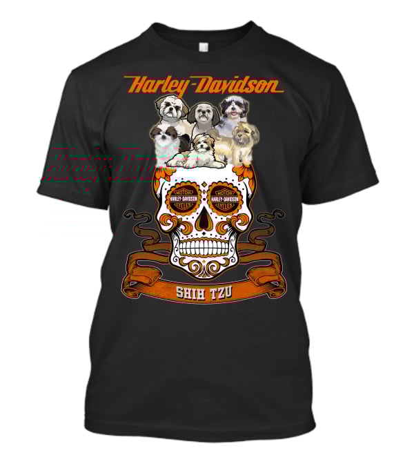 Harley Davidson Shih Tzu Skull With Dogs And Motor Harley Davidson Cycles T-Shirt