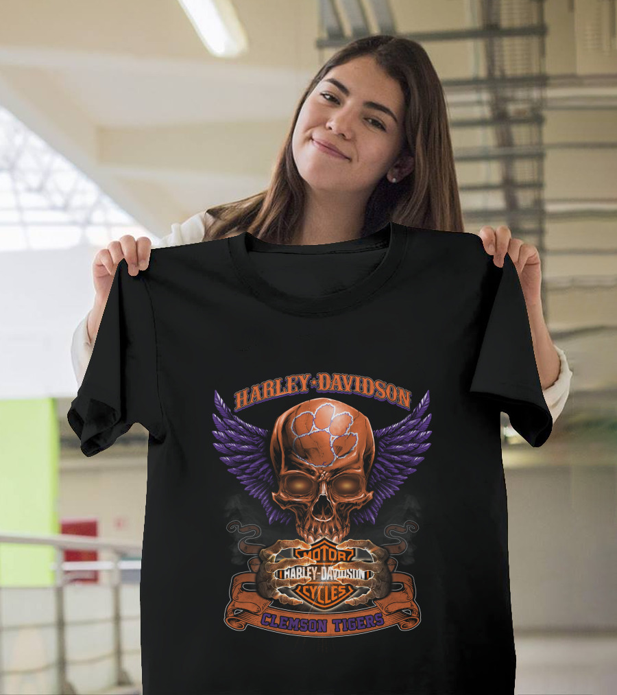 Harley Davidson Clemson Tigers Motorcycles Skull Wings T-Shirt
