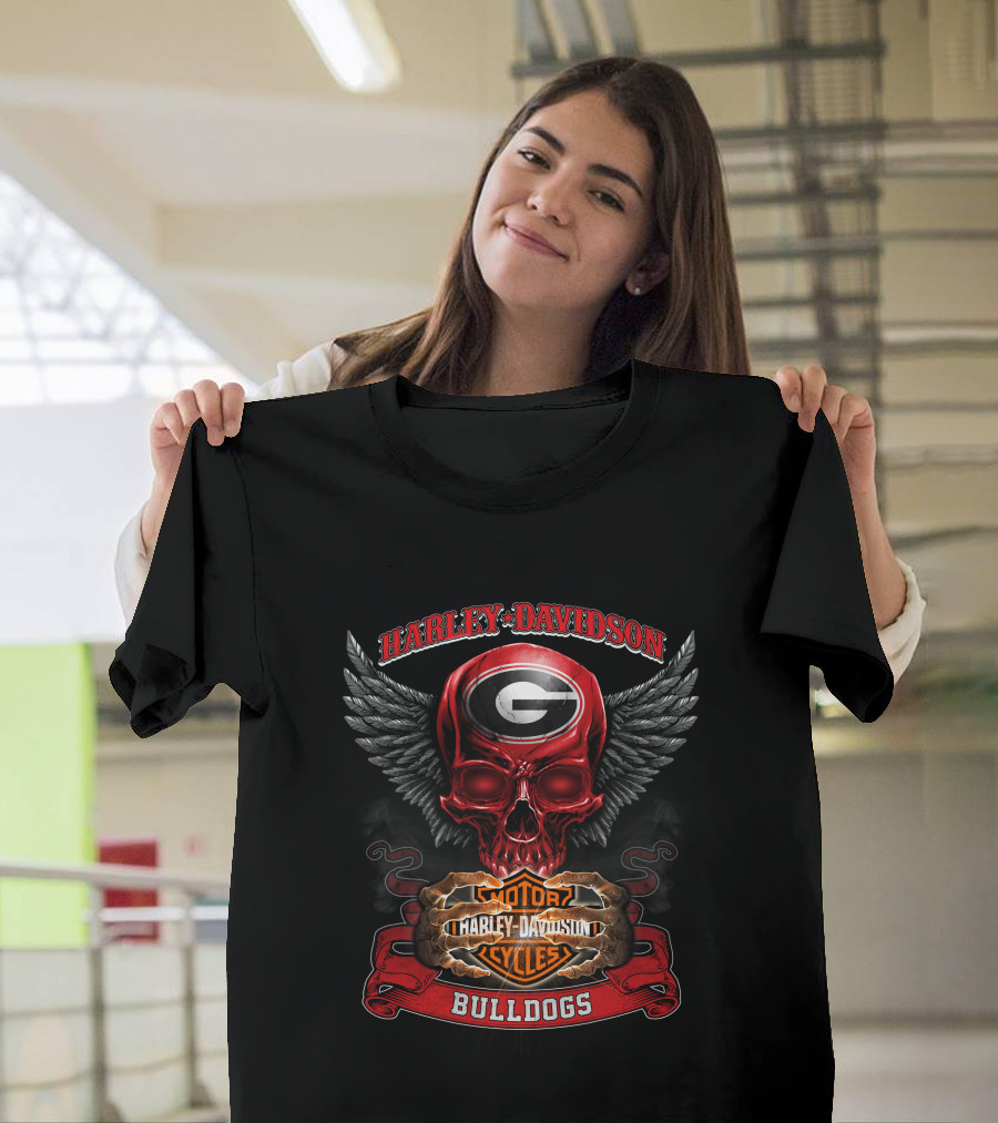 Harley Davidson Georgia Bulldogs Motorcycles Skull Wings T-Shirt